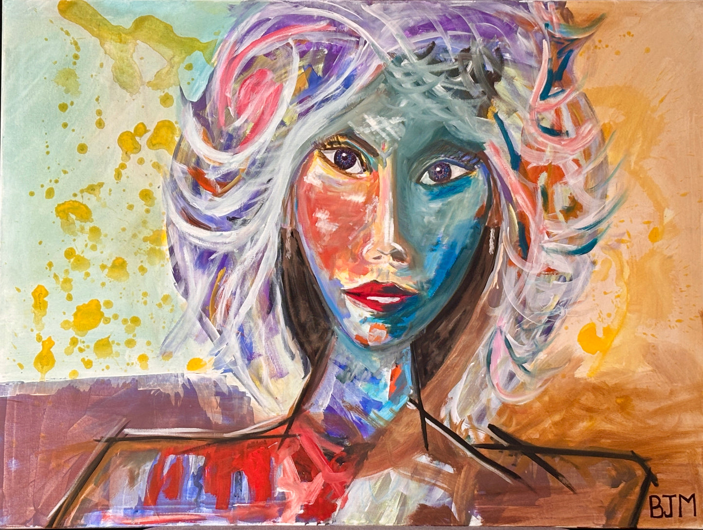 Abstract painting of a woman's face with colorful hair and background