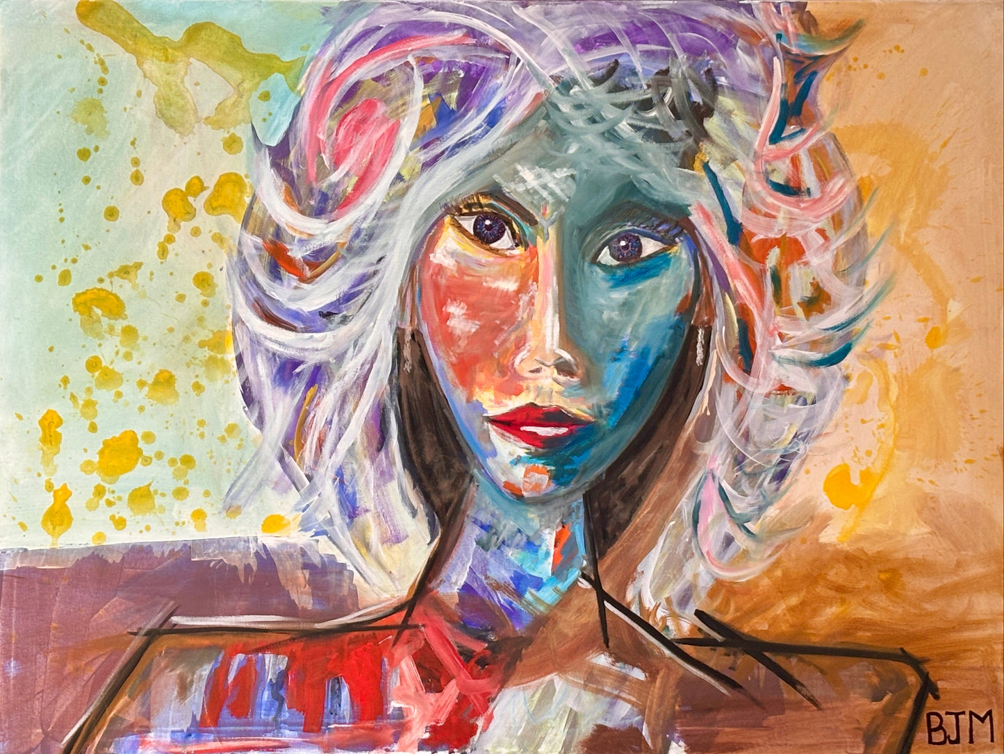 Abstract painting of a woman's face with colorful hair and background