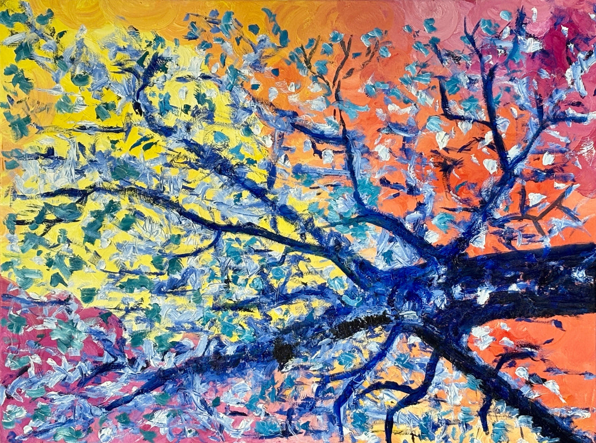 Abstract painting of a tree with blue branches against a multicolored background