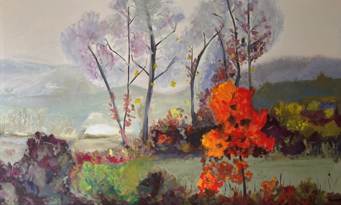 Painting of a landscape with trees and colorful flowers