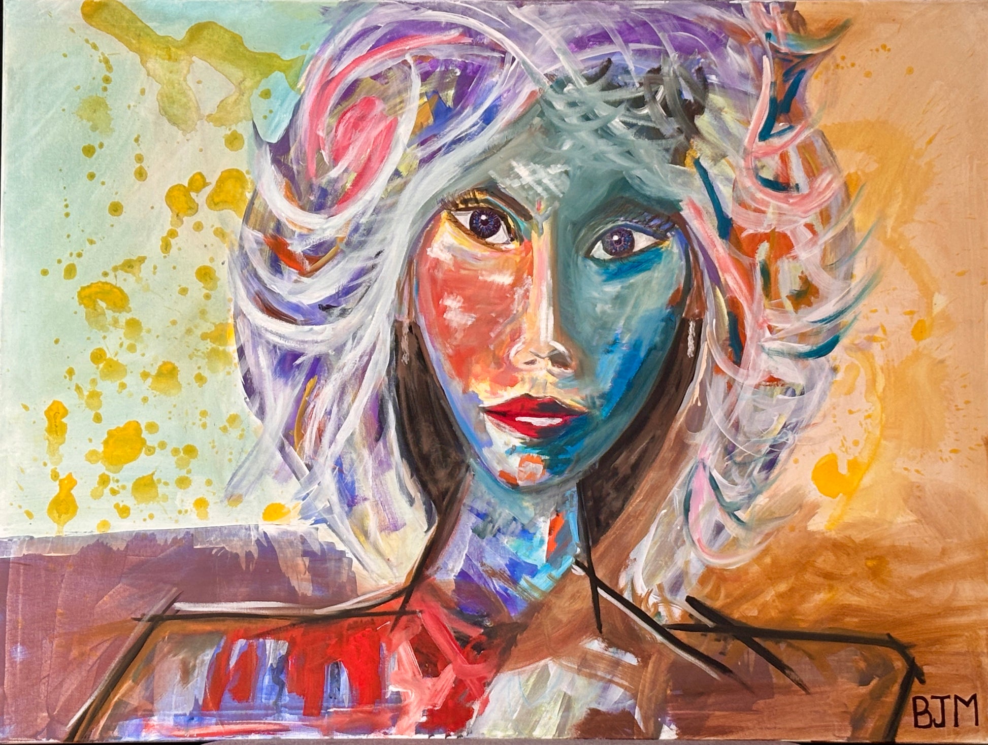Abstract painting of a woman's face with colorful hair and background