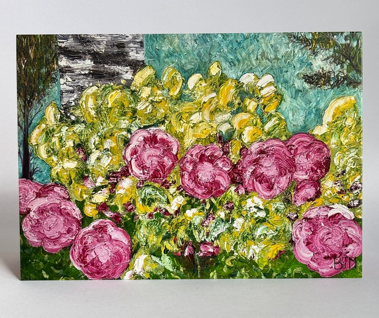 Artistic depiction of pink flowers and green foliage on a textured surface