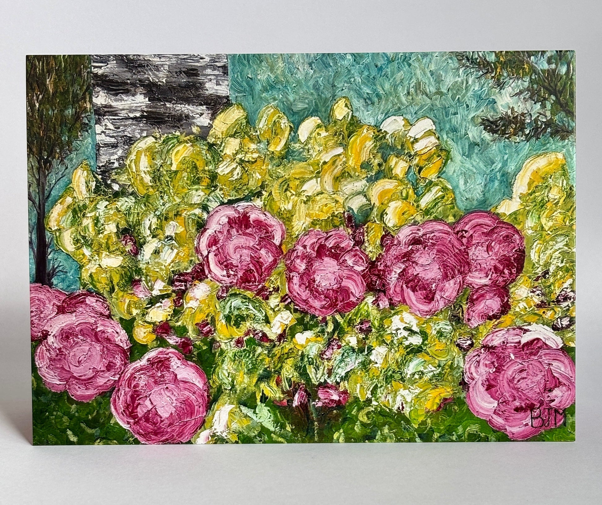 Artistic depiction of pink flowers and green foliage on a textured surface
