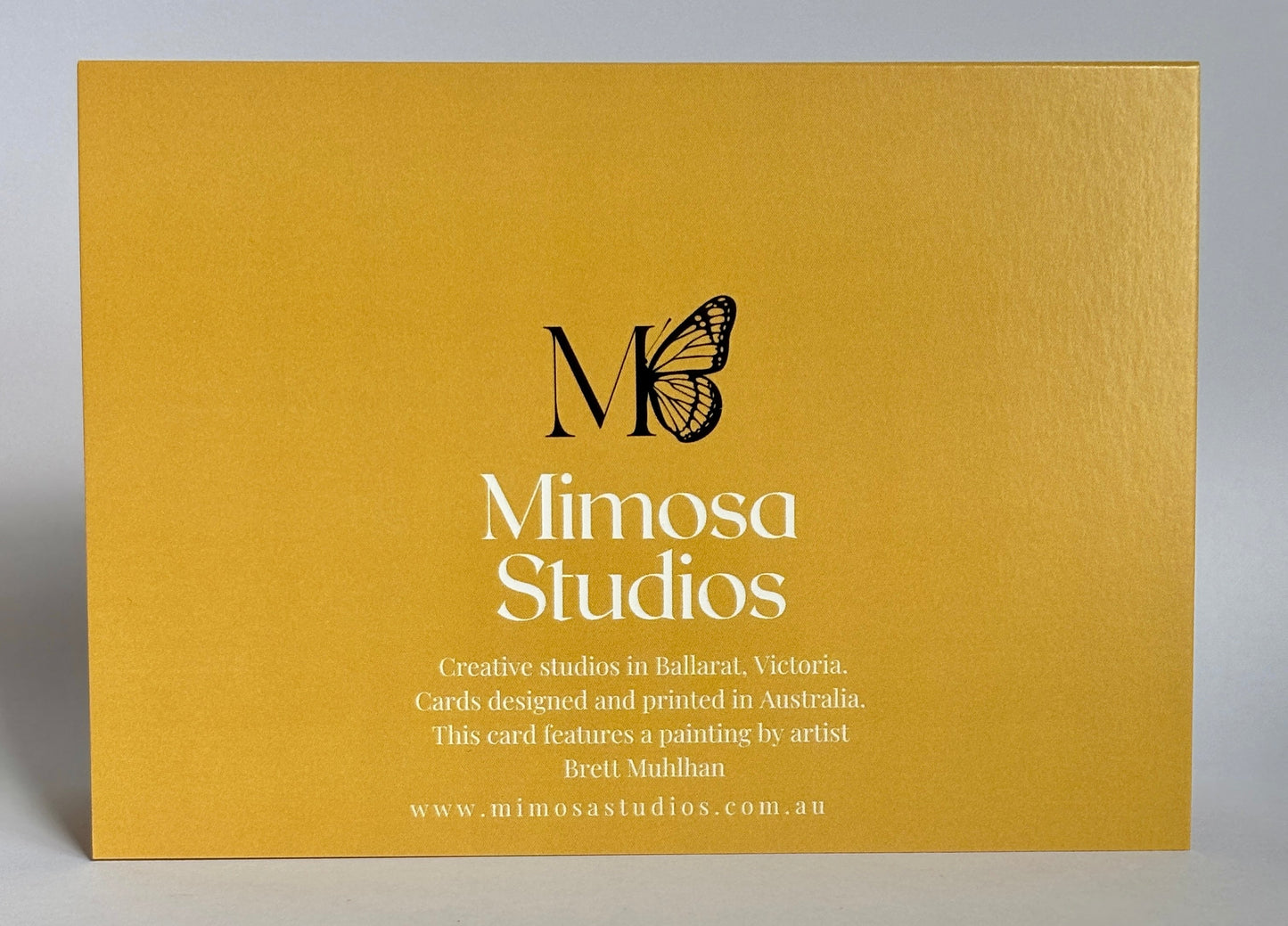 Yellow card with 'Mimosa Studios' logo 