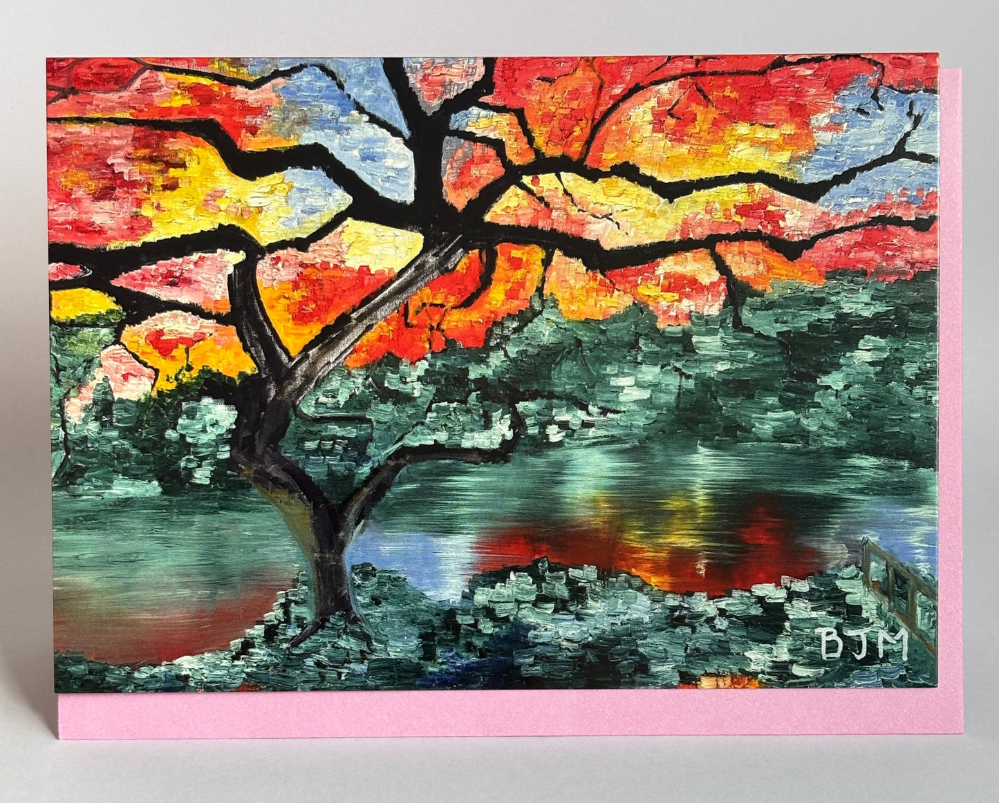 Colorful abstract painting of a tree with a pink border on a gray background