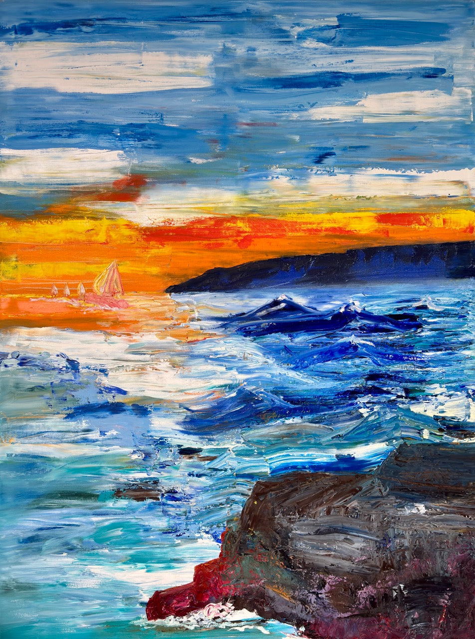 Framed Canvas: Boats at Sunrise