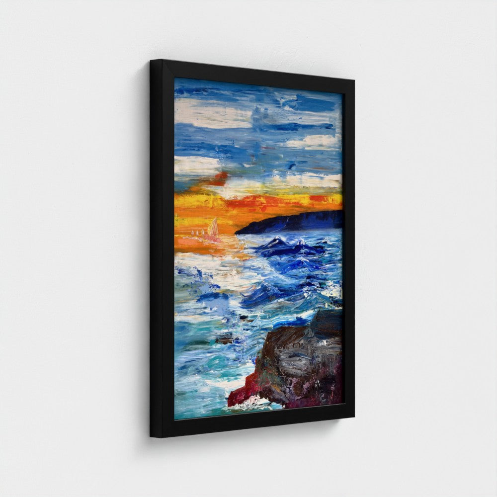 Framed Canvas: Boats at Sunrise