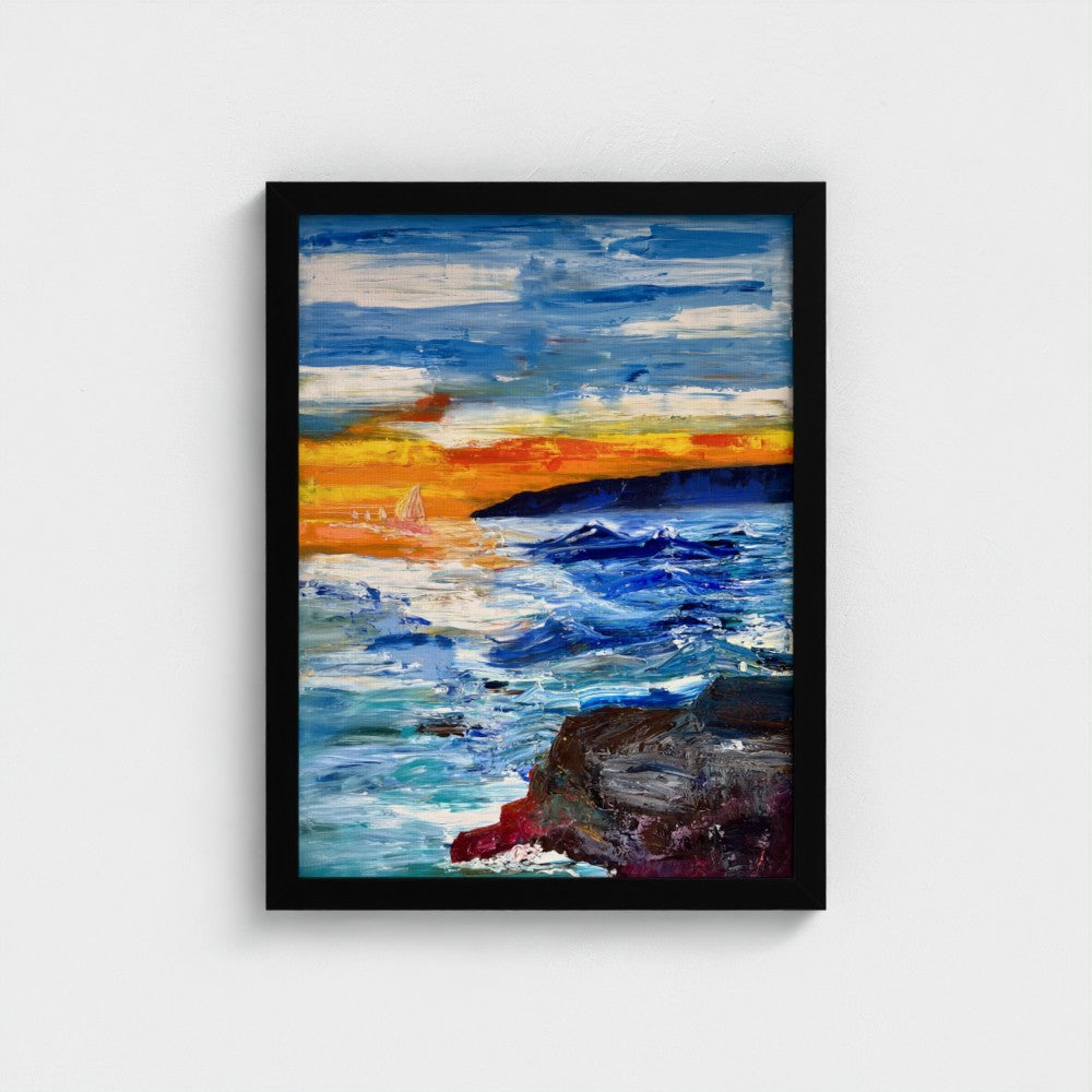 Framed Canvas: Boats at Sunrise