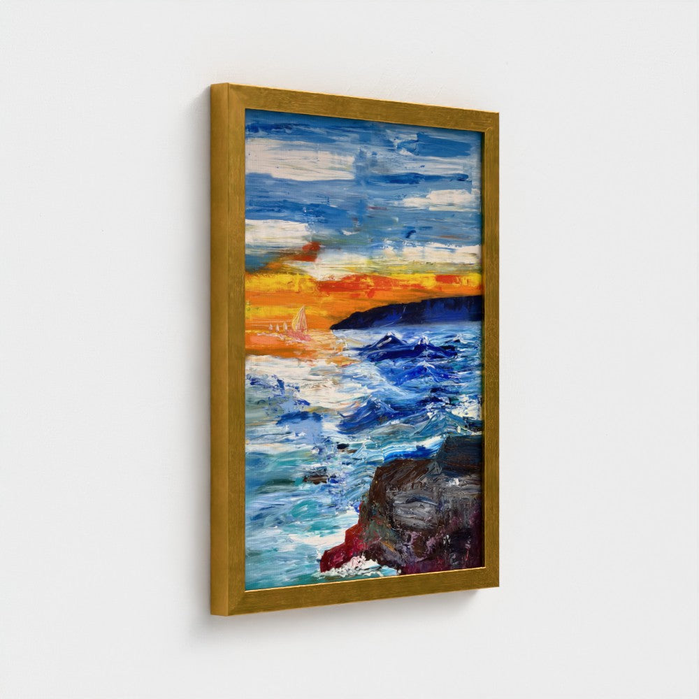 Framed Canvas: Boats at Sunrise