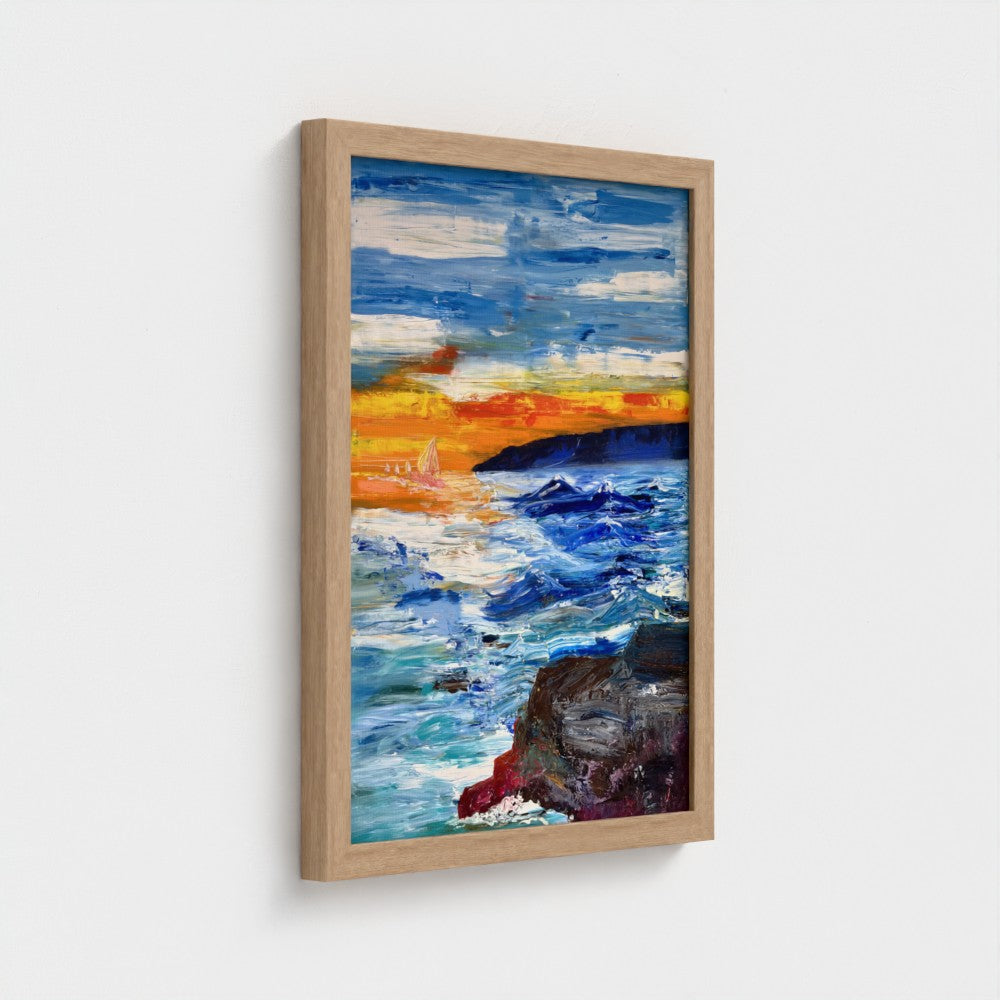 Framed Canvas: Boats at Sunrise
