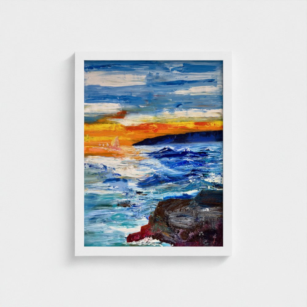 Framed Canvas: Boats at Sunrise