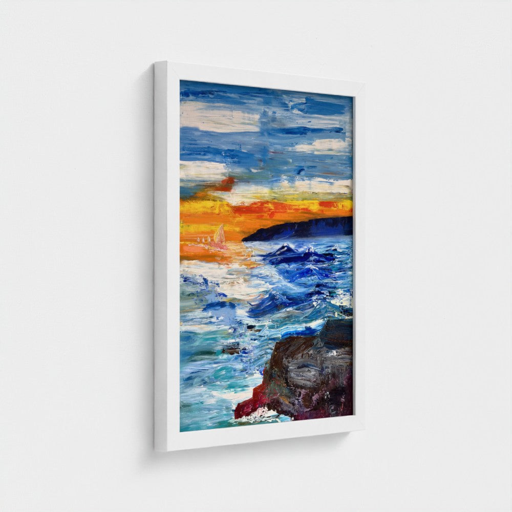 Framed Canvas: Boats at Sunrise